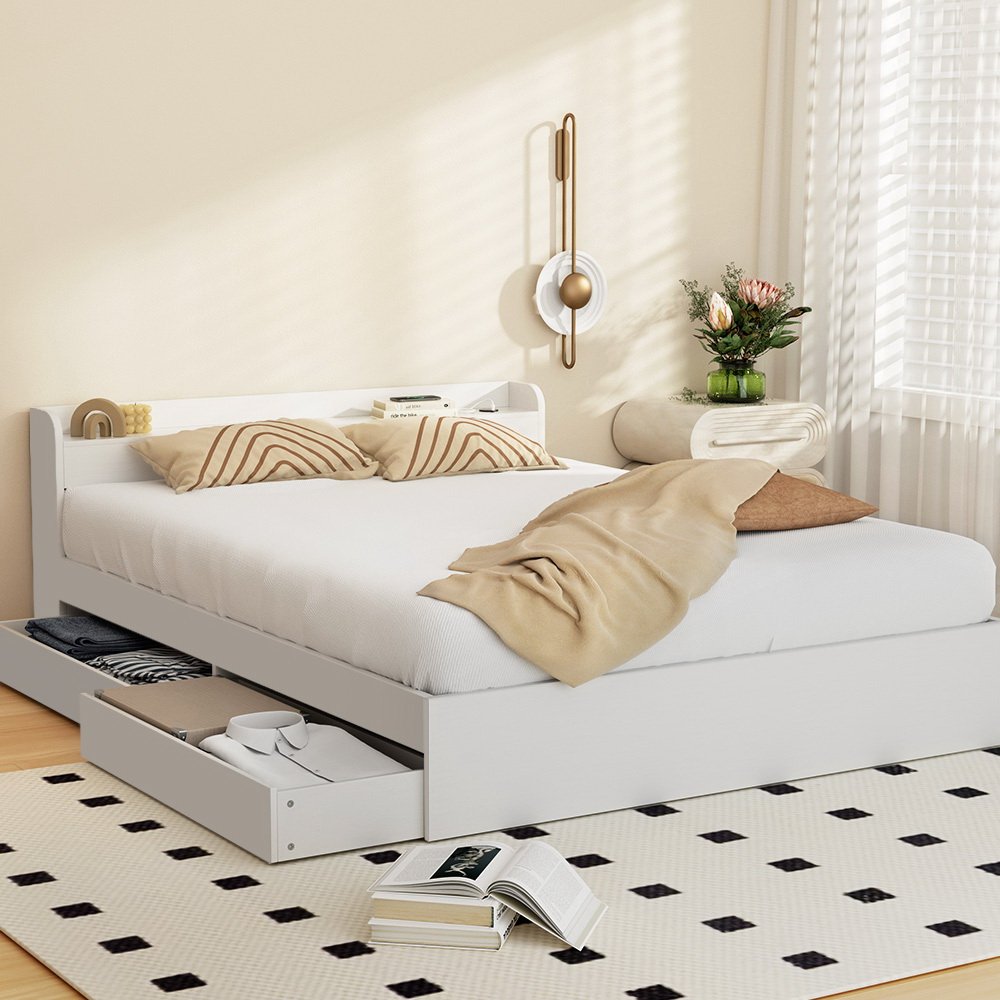 WBED-AURA-D-WH-ABC-139274-06 Artiss Bed Frame Double Size Mattress Base wtih Charging Ports 2 Storage Drawers - Image 1