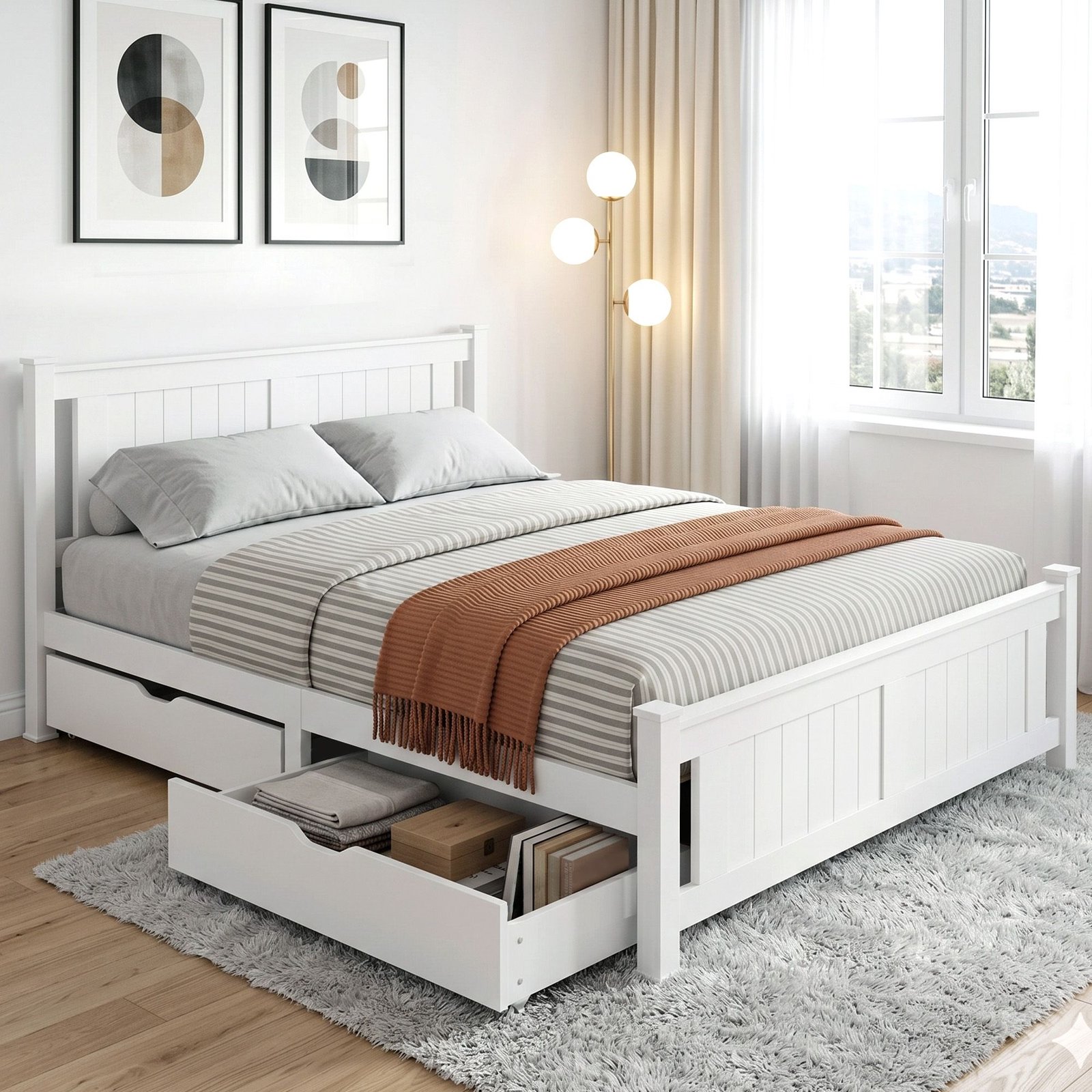 WBED-D-004Q-153-DRAW-00 Artiss Bed Frame Queen Size Wooden Platform with 2 Storage Drawers White RIO - Image 1