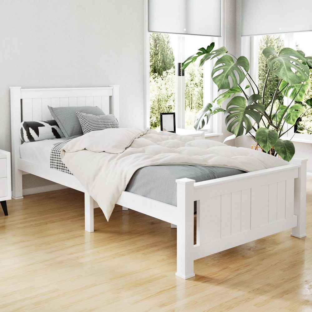 WBED-D-004S-92-AB-14133-00 Artiss Bed Frame Single Size Wooden White RIO - Image 1