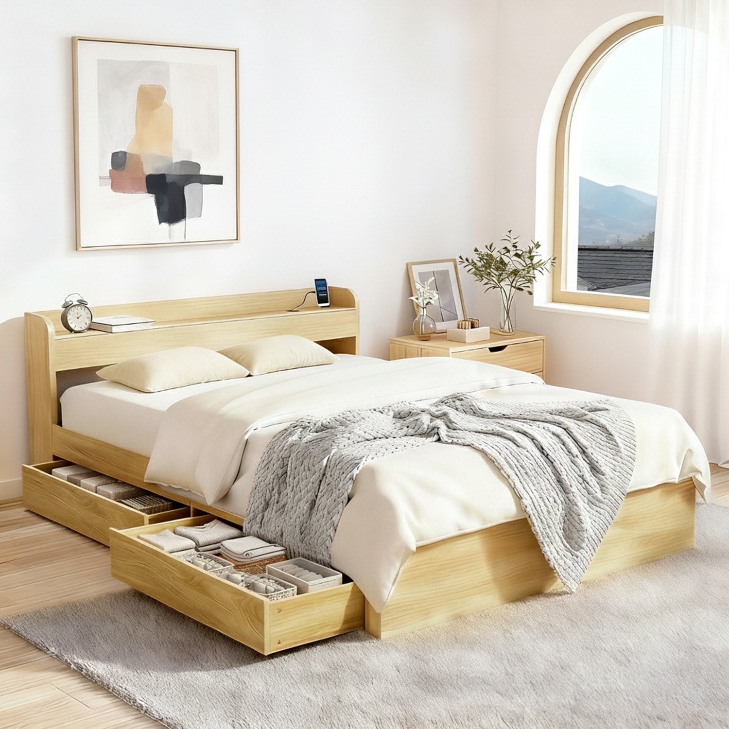 WBED-F-AURA-Q-WD-ABC-202511261832-00 Artiss Bed Frame Queen Size with Charging Ports and 2 Drawers AURA - Image 1