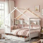Artiss Kids Single Bed Frame with 3 Storage Bookcase & 2 Drawers House Bed Solid Wood Montessori Bed Easy Assembly White