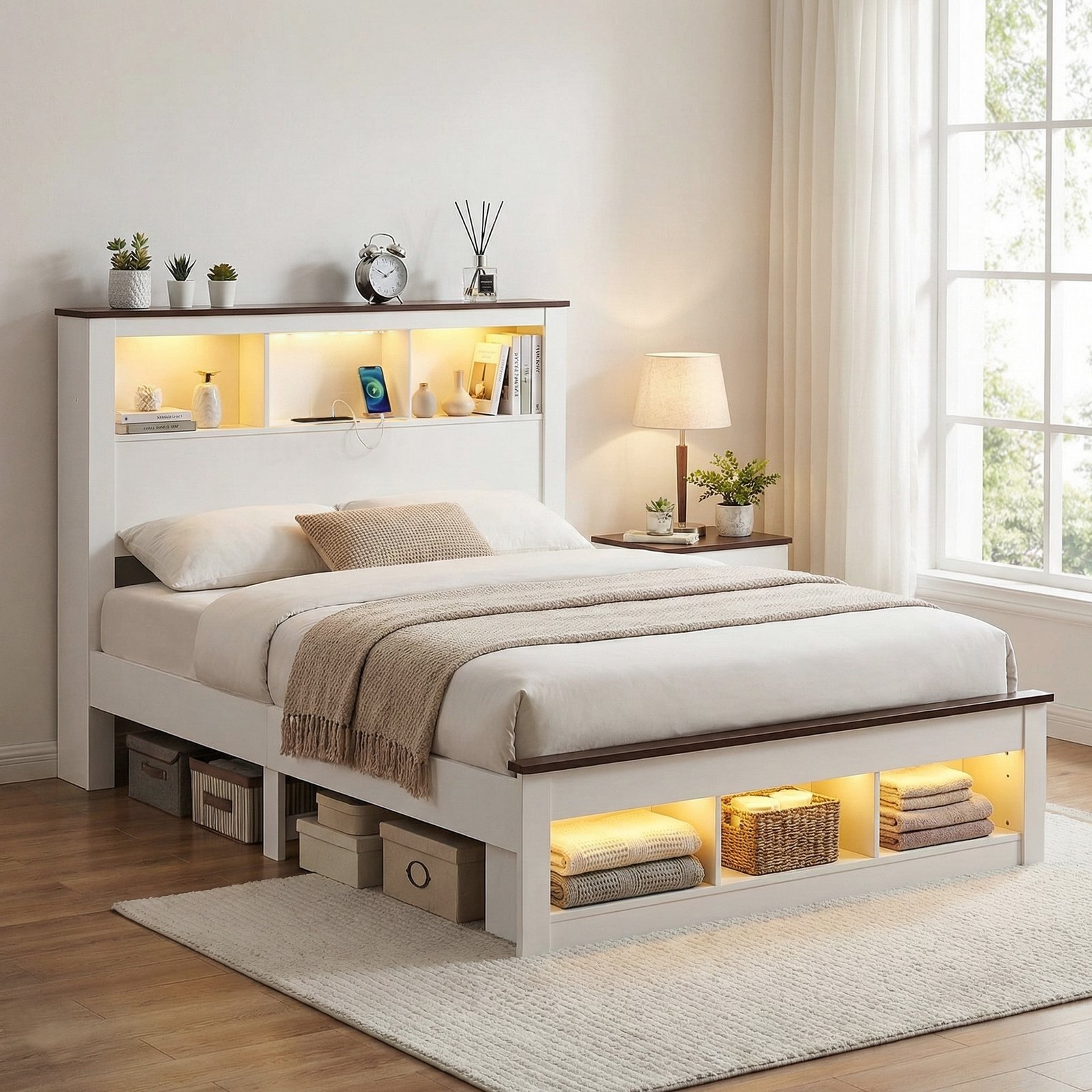 WBED-F-LYMES-Q-WH-ABC-202601291152-00 Artiss Queen Bed Frame with Storage Bookcase Headboard and Footboard White Wooden Platform Bed with Charging Station and Led Light Bedroom Furniture - Image 1