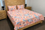 Pastel Floral Print Cotton Flat Bedsheet with Pillowcases – Peach, Blue & Cream