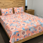 Pastel Floral Print Cotton Flat Bedsheet with Pillowcases – Peach, Blue & Cream