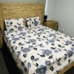 Floral Print Cotton Flat Bedsheet with Pillowcases – Blue, Black & White