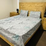 Grey & Teal Leaf Print Cotton Flat Bedsheet with Pillowcases