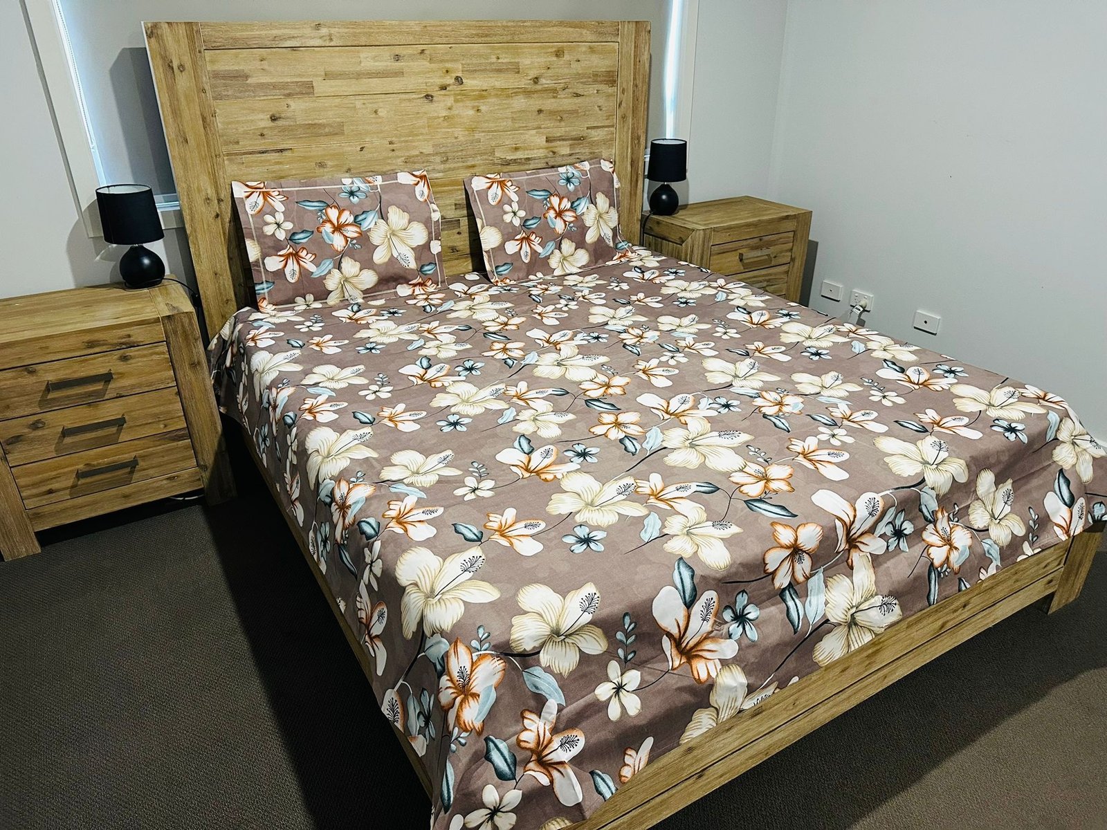 f68e1752-17c0-4ac1-b8bd-3c00768c8467 Tropical Floral Print Cotton Flat Bedsheet with Pillowcases – Brown, Cream & Blue - Image 1