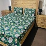Daisy Floral Print Cotton Flat Bedsheet with Pillowcases – Green, White & Beige