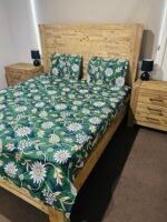 Daisy Floral Print Cotton Flat Bedsheet with Pillowcases – Green, White & Beige