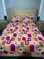 Abstract Leaf Print Cotton Flat Bedsheet with Pillowcases – Mustard, Pink & Black - Image 2