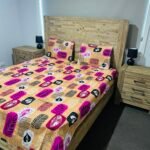 Abstract Leaf Print Cotton Flat Bedsheet with Pillowcases – Mustard, Pink & Black